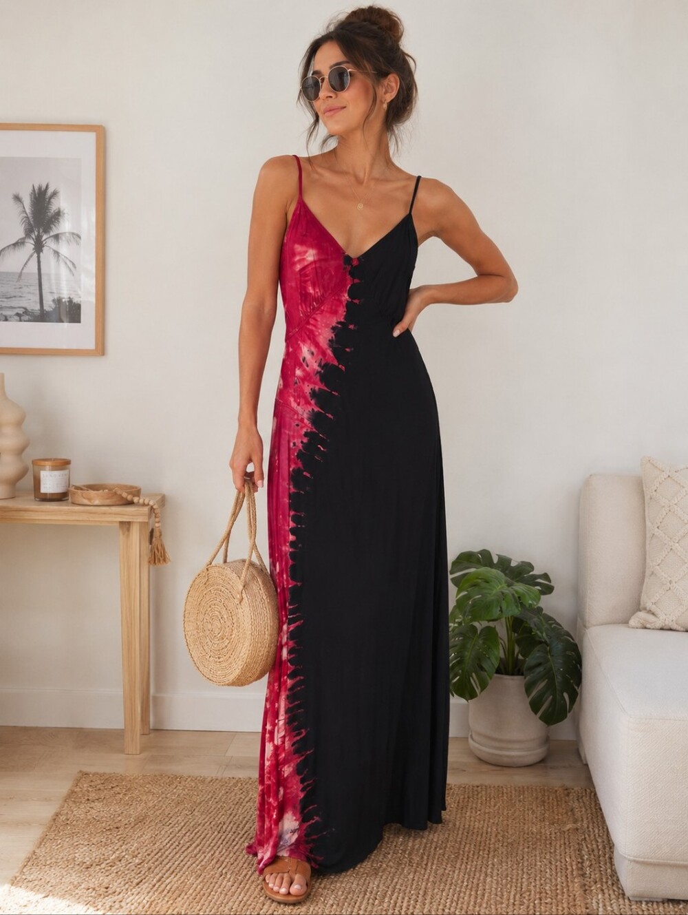 Sew It Seems Tie Dye Maxi Dress Red Black Sleeveless Boho Festival M